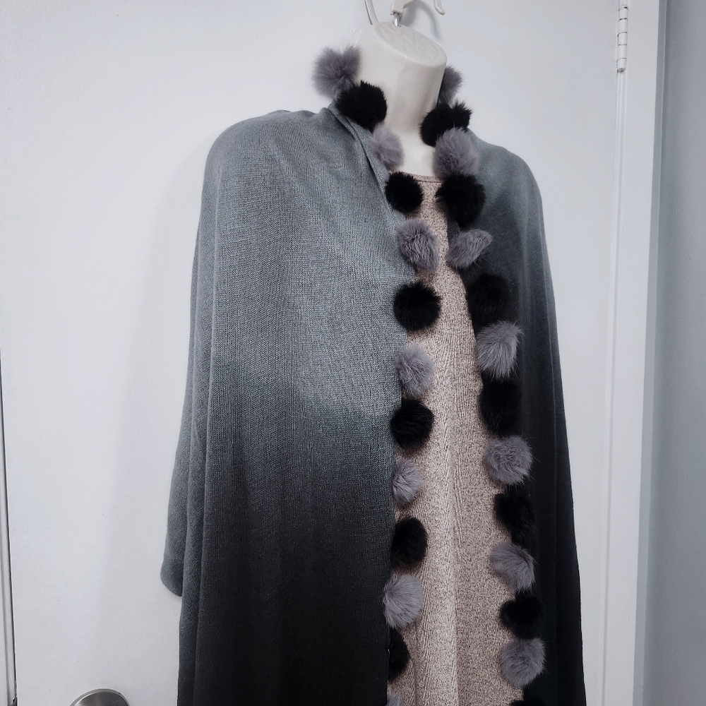 Ombre Shawl Gray & Black w/ Fur Pom Pom Scarf Wrap - Picture 8 of 8